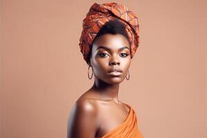 African cute girl in a national headdress. Pink and brown background. Studio portrait. photo