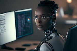 A dark-skinned female robot at the computer in the office. artificial intelligence system, Chat Bot AI , smart robotics Ai. photo