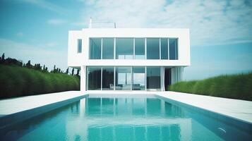 Design, Contemporary white home with panoramic windows and pool, with a backyard overlooking the ocean. photo