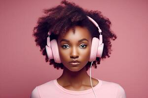 Dark-skinned African girl with black curly hair, wearing pink headphones on a pink background. Studio portrait. photo