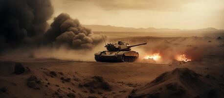 armored tank crossing a minefield during a military invasion epic scene of fire and some in the desert, wide poster design. photo