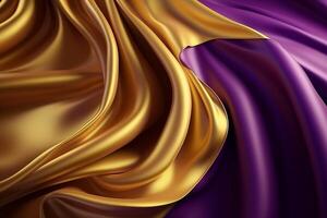 Abstract wave pattern of silk fabric in gold and purple. Background. photo