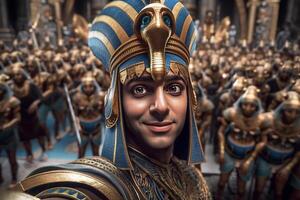 egipcio faraón Tutankamón toma selfies con su asignaturas en frente de a él. generativo ai foto
