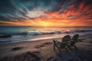 un vistoso puesta de sol en un caribe playa con nubes, dos playa sillas en el playa. generativo ai foto