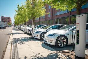 Electric cars are parked in the parking lot for recharging. photo