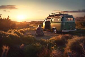 Van on the wild sandy seashore, auto travel. photo