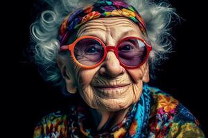 retrato de un antiguo sonriente abuela vistiendo Gafas de sol. el juventud de el alma. generativo ai foto