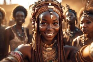 de piel oscura africano chica, Guinea princesa, en nacional disfraz sonriente y tomando selfies en frente de su amigos. generativo ai foto