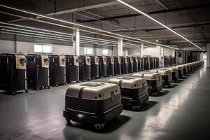 robot Ejército eficientemente ordena cientos de parcelas por hora, automatizado guiado vehículo, agv. generativo ai foto