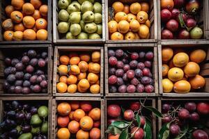 Fruta en de madera cajas, desplegado a el asiático vegetal mercado. ver desde el cima. generativo ai foto