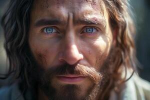 Jesus Christ, a portrait of a strong, courageous man. Generative AI photo