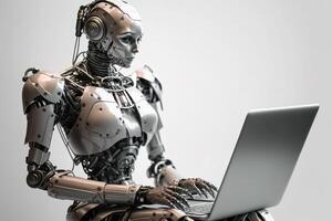 A female robot works at the computer in the office. Artificial intelligence system ChatGPT, Chat Bot AI , smart robot technology. photo