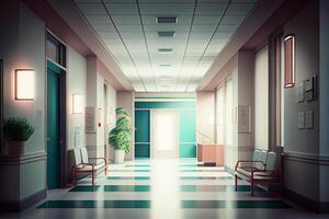 Hospital corridor, evening time without people. photo