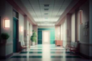 Blurred background, hospital corridor in the evening without people. photo