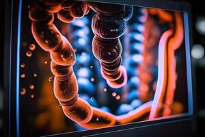 The human intestine, the colon on the screen. . photo