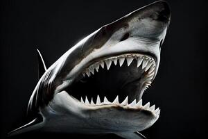 Shark with large jaws and teeth, dark background. photo