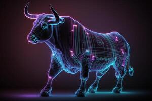 Bull stock exchange. glowing neon bull against the background of stock exchange charts and quotes. Black background. photo