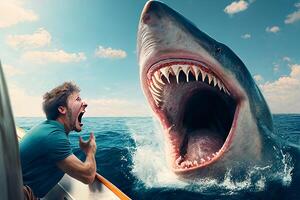 A great shark attacks a man sitting in a boat. photo