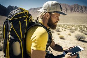 A young man hiking with a backpack that has solar panels attached to charge gadgets. A tech-savvy hiker. A backdrop of mountainous terrain. photo