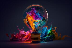 A light bulb with strokes of paint in neon colors. A creative concept for creativity. photo