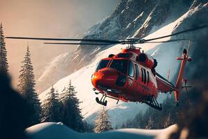 rojo rescate helicóptero en el invierno montañas. generativo ai foto