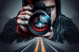 un hombre es un fotógrafo con un cámara tomando imágenes de el la carretera. generativo ai foto