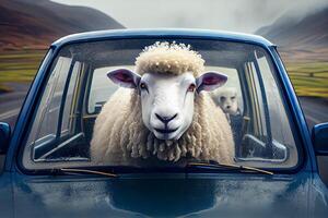 The dumb sheep drives the car. photo