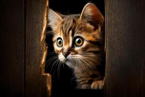 Cat peeking out of the hole in the box. Brown background. photo