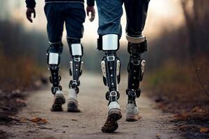 A disabled man is walking on metal robotic prostheses. photo