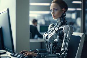 A female robot works at the computer in the office. Artificial intelligence system ChatGPT, Chat Bot AI , smart robot technology. photo
