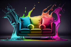 Art sofa doused in multicolored paint, drops of paint in the air. photo