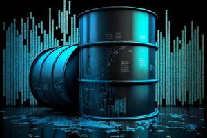 Barrel oil with stock charts of oil price quotes. photo