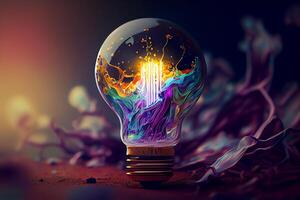 A light bulb with strokes of paint in neon colors. A creative concept for creativity. photo