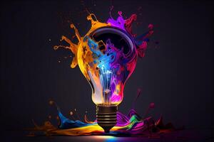 A light bulb with strokes of paint in neon colors. A creative concept for creativity. photo