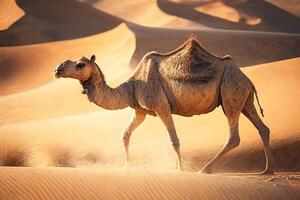 un salvaje camello camina mediante el Sáhara desierto. generativo ai foto