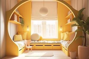 interior diseño de un para niños habitación para dos niños un chico y un niña en amarillo. generativo ai foto