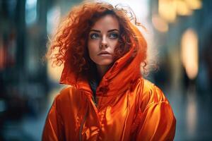 Portrait of a red-haired girl dressed fashionably in a bright orange jacket. Street style. photo