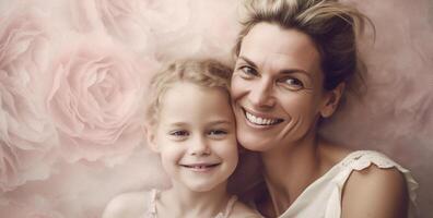 retrato de un sonriente madre con su hija en rosado en el estudio. generativo ai foto