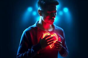 un hombre cubre su manos con su corazón iluminado en rojo. prevención de cardiovascular enfermedad. generativo ai foto