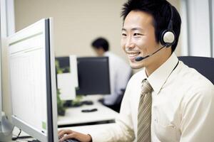 The Japanese man is smiling, sitting at his desk wearing a headset. Working in a call center. . photo