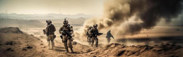 militar especial efectivo soldados cruzar un devastado guerra zona mediante fuego y fumar en el desierto, un ancho póster diseño. generativo ai foto
