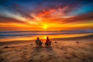 un vistoso puesta de sol en un caribe playa con nubes, dos playa sillas en el playa. generativo ai foto