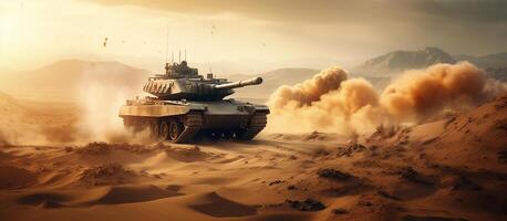 armored tank crossing a minefield during a military invasion epic scene of fire and some in the desert, wide poster design. photo