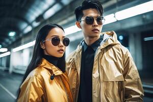 Fashionable Japanese youth in sunglasses, guy and girl fashions clothing. Generative AI photo