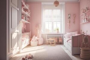 Modern Design of a kid's room for a little girl in pink. Generative AI photo