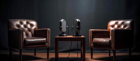 The interior of the podcast studio, two chairs with microphones, dark muted tones. photo