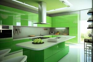 Modern kitchen interior, kitchen room with a table in the middle in green. photo