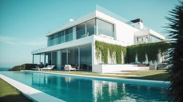 diseño, contemporáneo blanco hogar con panorámico ventanas y piscina, con un patio interior con vista a el océano. generativo ai foto