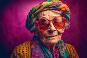 retrato de un antiguo sonriente abuela vistiendo Gafas de sol. el juventud de el alma. generativo ai foto