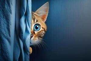 red cat looks out from behind the curtain. Blue background. photo